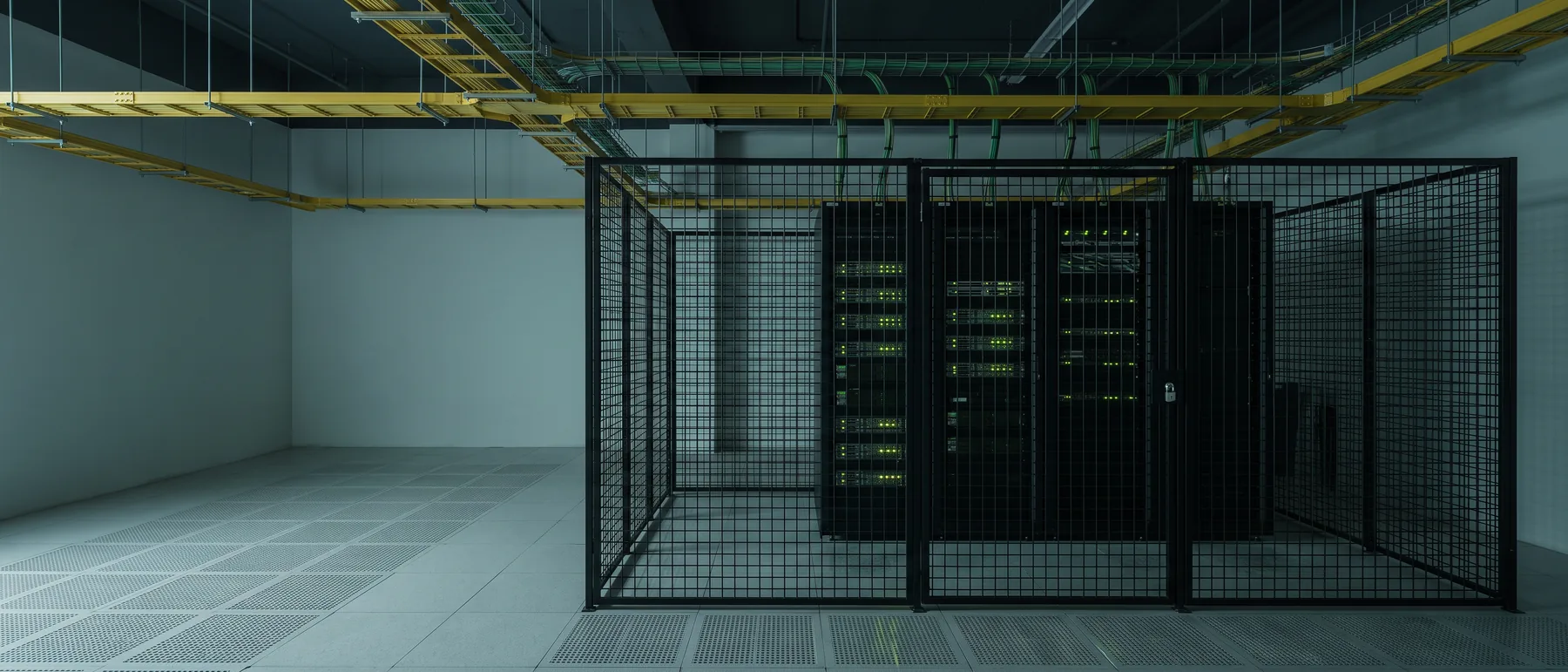 Colocation quote for rack space: a locked customer cage of server racks in a data hall
