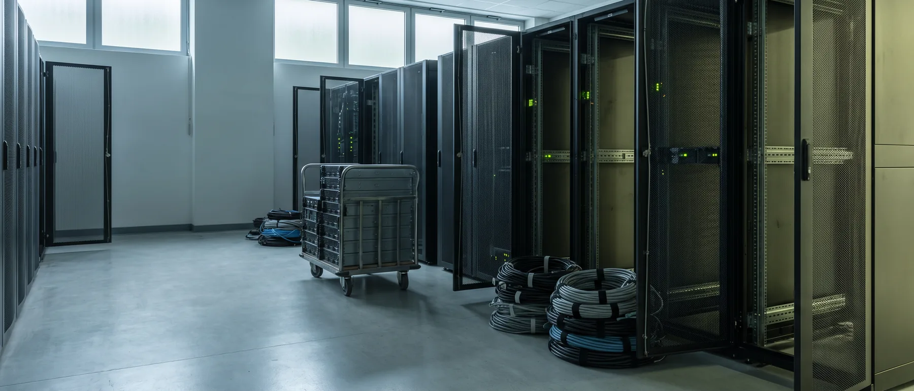 Data center decommissioning: emptied racks and removed servers in a data hall