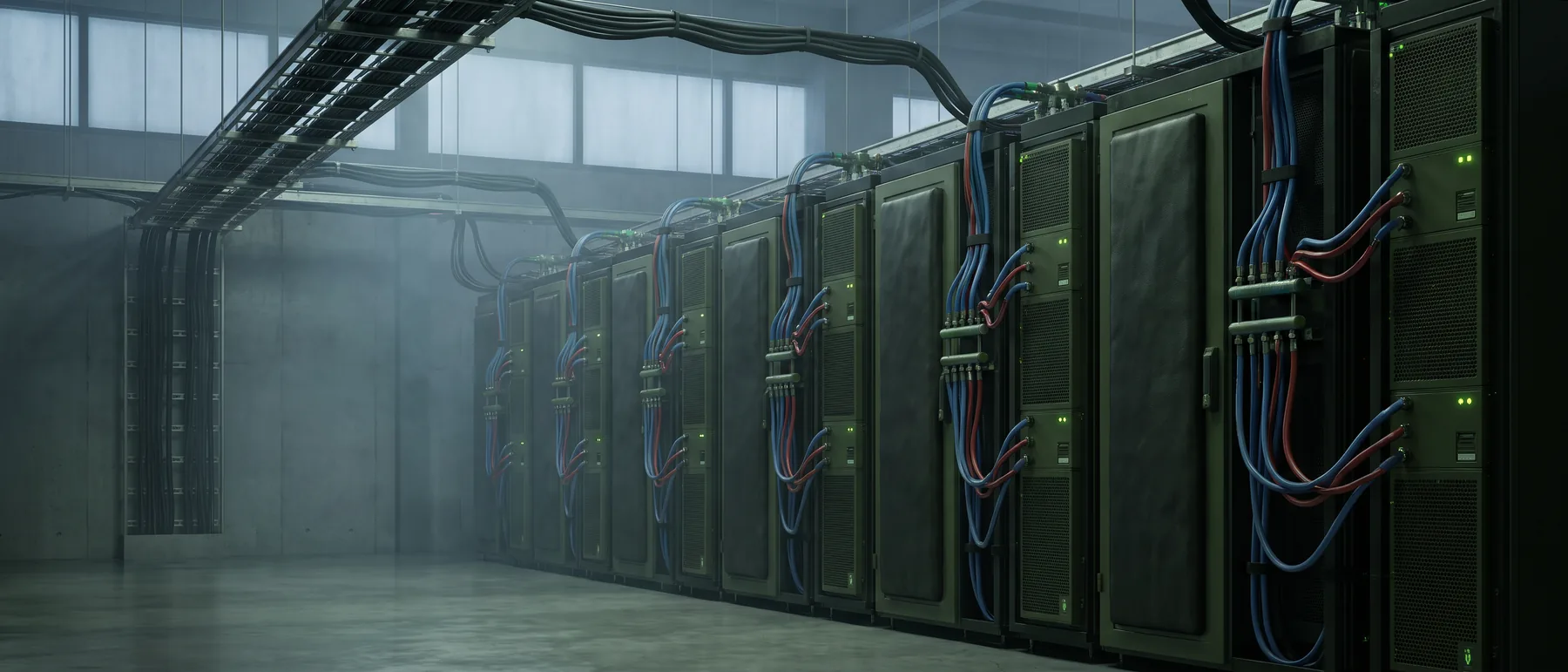 GPU colocation racks with liquid cooling hoses and manifolds