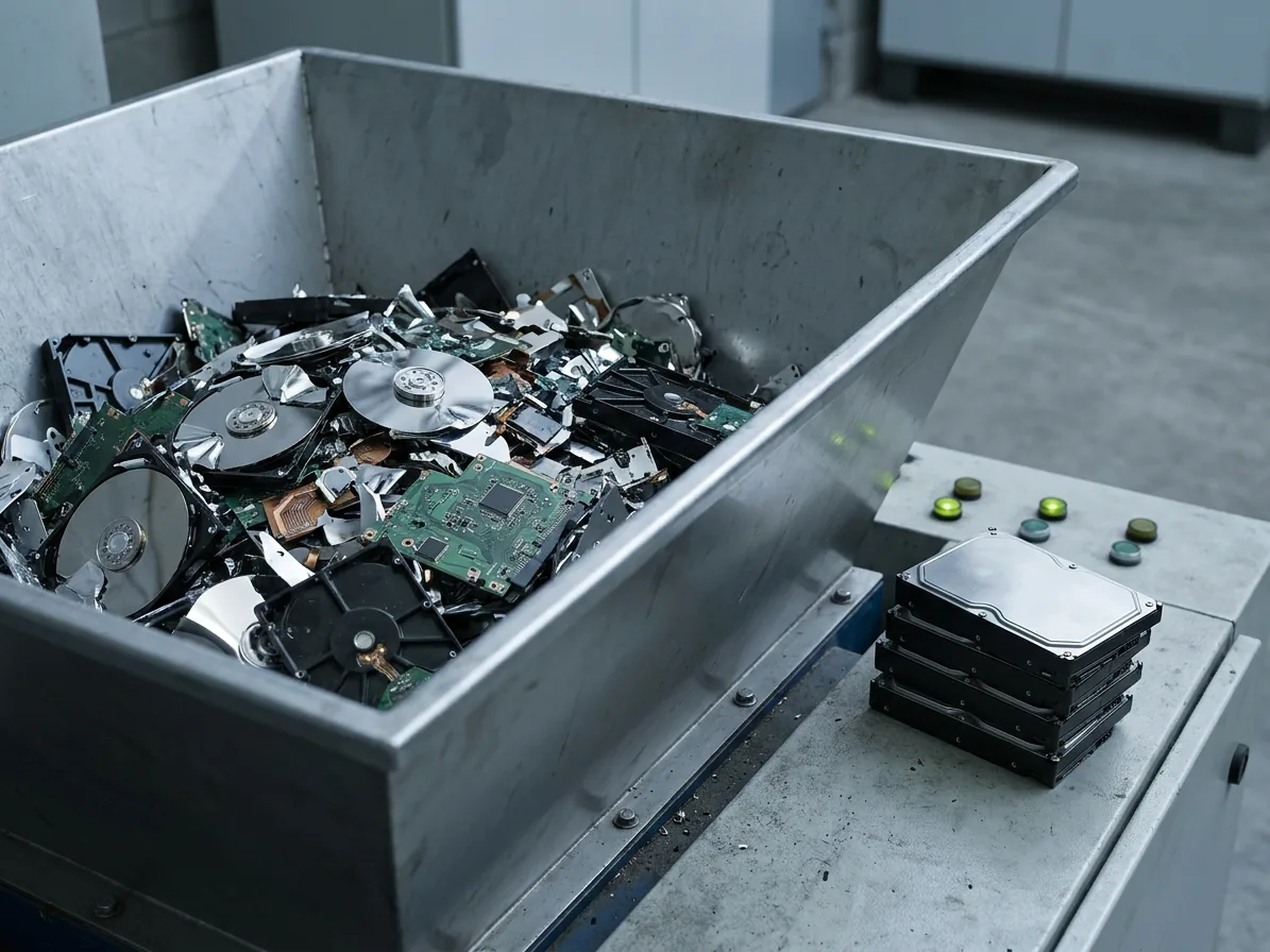 Hard drive destruction service: shredded drive fragments beside intact drives