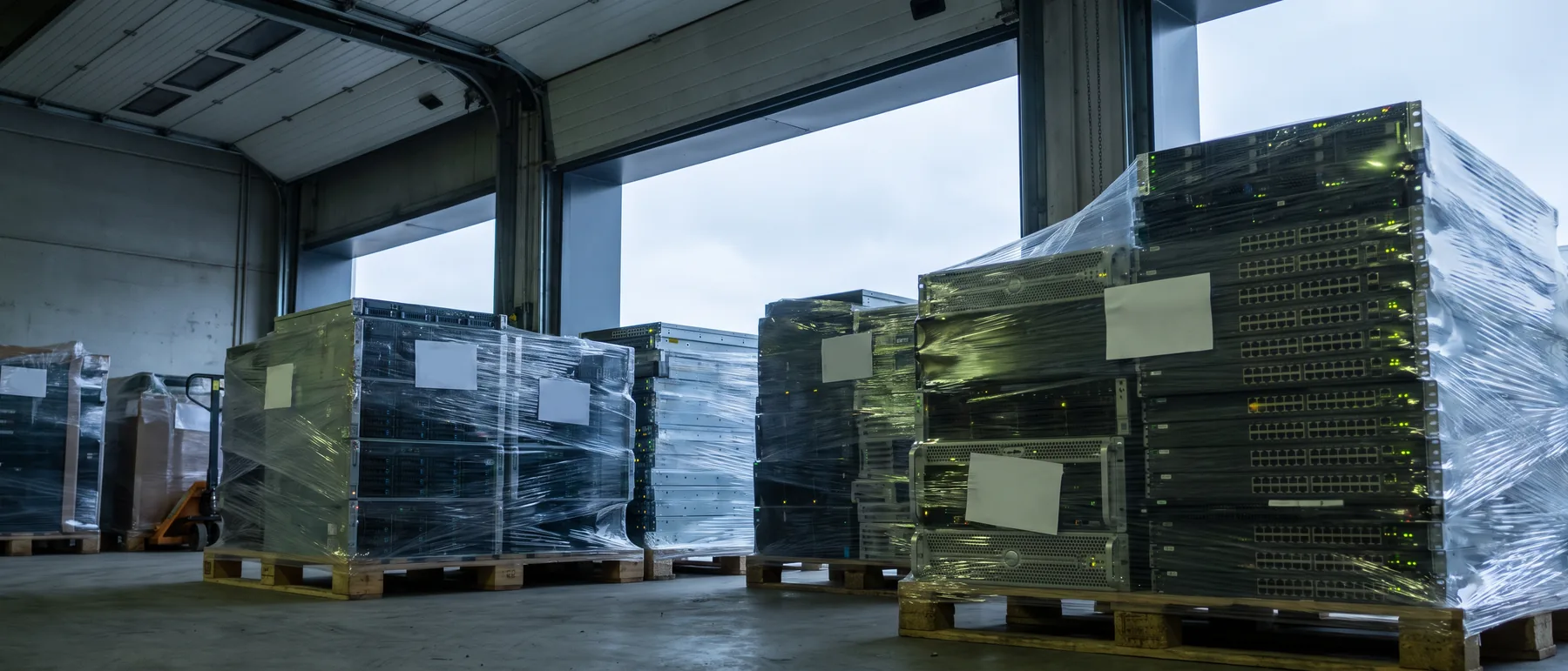 ITAD services: retired servers and switches on pallets at a loading dock
